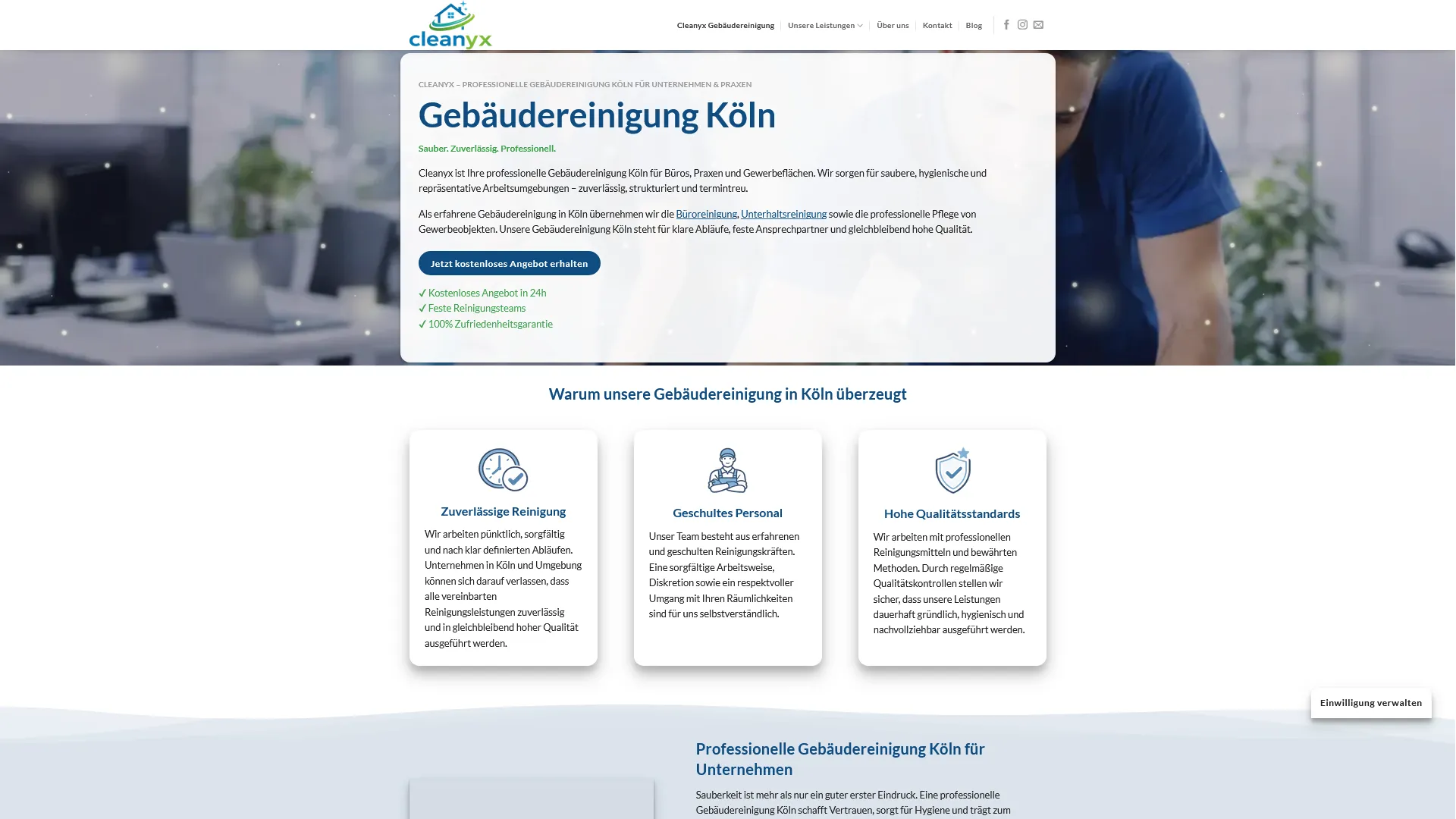 Startseite von cleanyx.de mit Hero-Bereich zur Gebäudereinigung in Köln