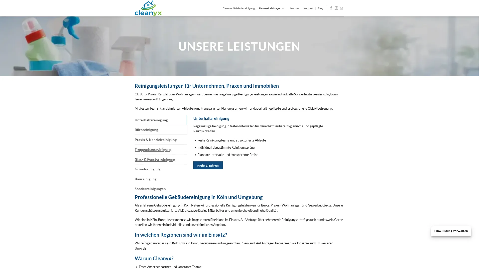 Leistungsübersicht auf cleanyx.de mit Reinigungsleistungen für Unternehmen, Praxen und Immobilien