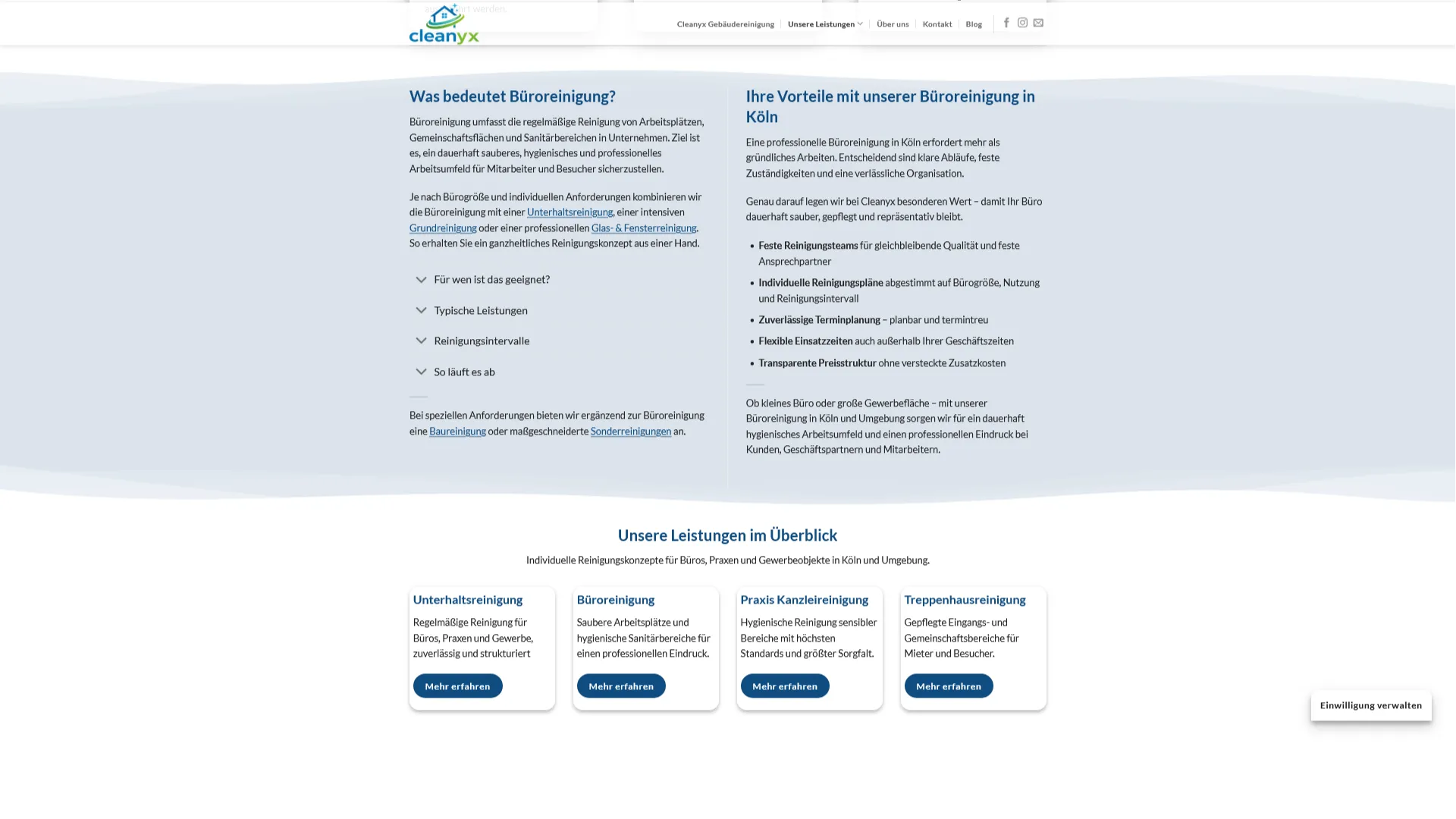 Inhaltsbereich zur Büroreinigung auf cleanyx.de mit Vorteilen und Leistungsübersicht