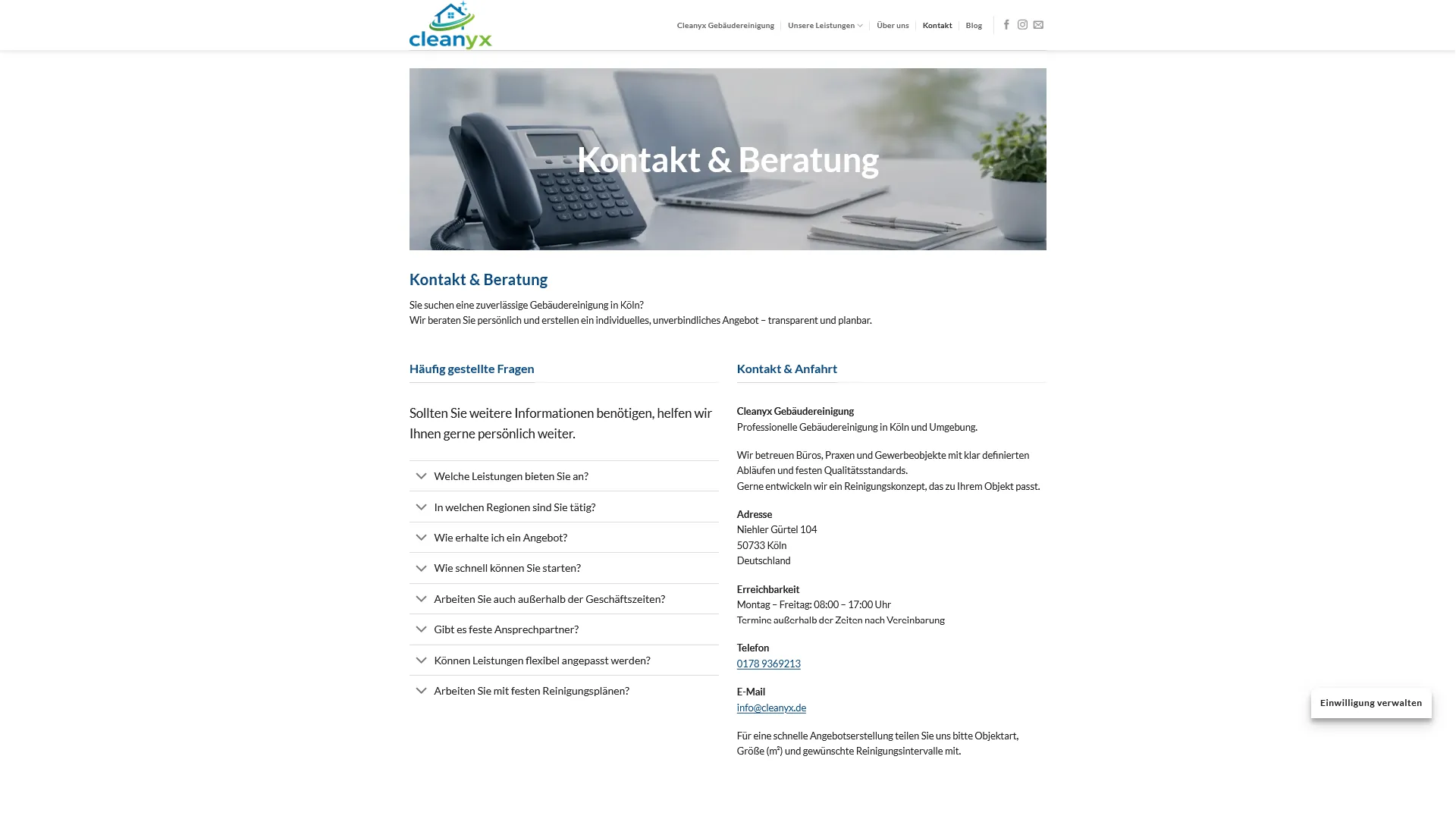 Kontakt- und Anfahrtsbereich auf cleanyx.de mit FAQ, Kontaktdaten und Standortangaben