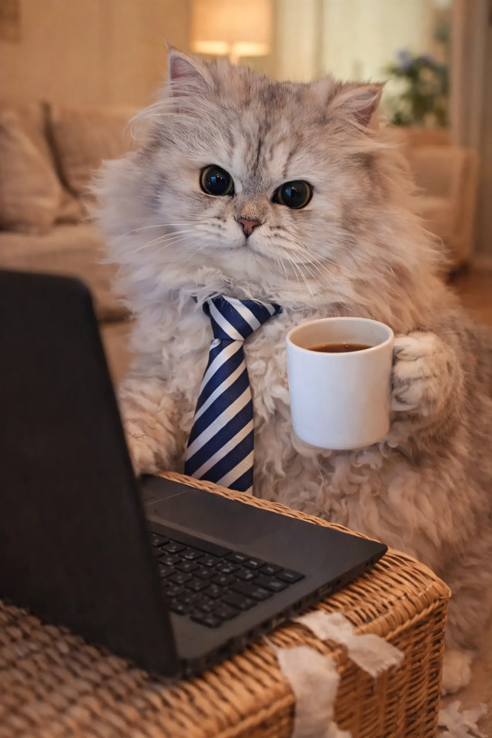 Katze Nami vor Laptop und Kaffeetasse